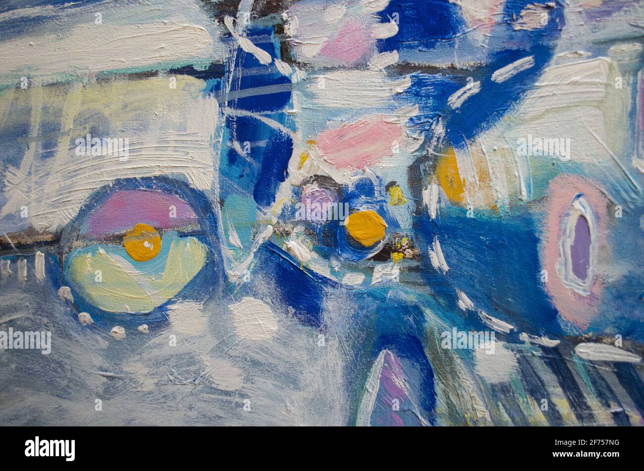 Disegnata a mano di pittura acrilica. L'arte astratta sfondo. Pittura Acrilica su tela di canapa. Colore e struttura. Frammento di opere d'arte. Pennellate di vernice. Ar moderno Foto Stock