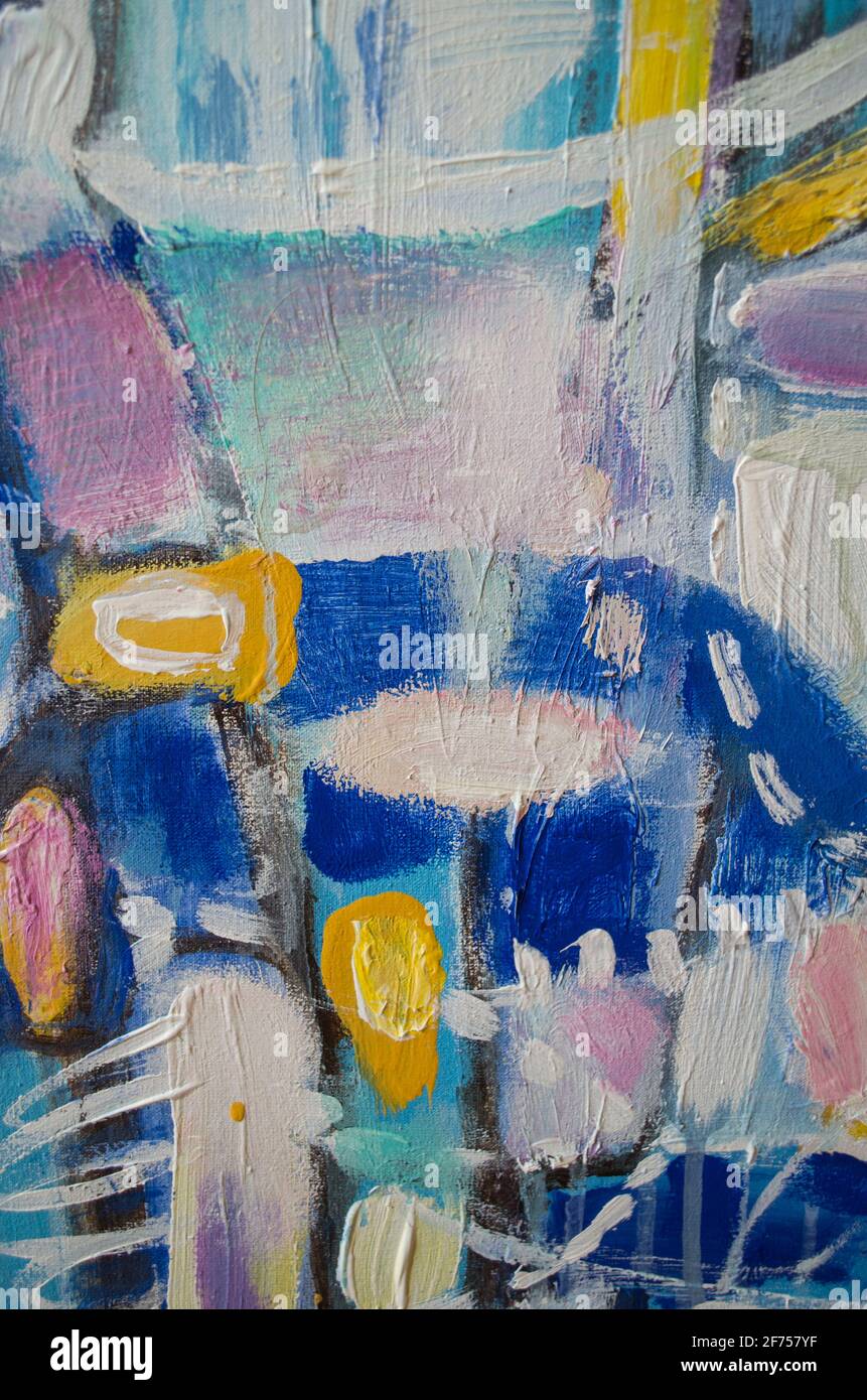 Disegnata a mano di pittura acrilica. L'arte astratta sfondo. Pittura Acrilica su tela di canapa. Colore e struttura. Frammento di opere d'arte. Pennellate di vernice. Ar moderno Foto Stock