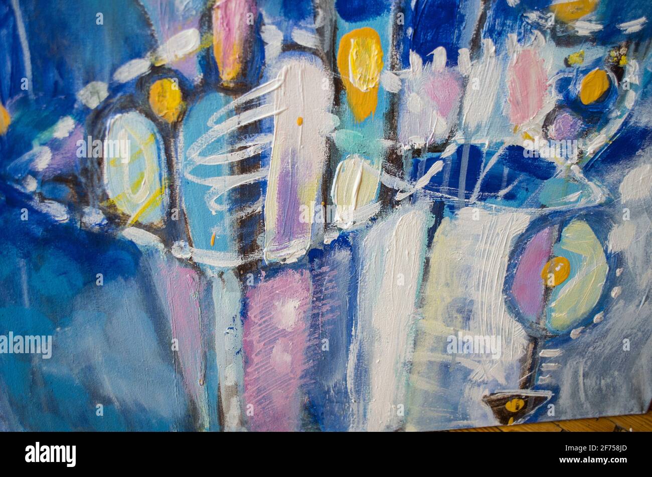 Disegnata a mano di pittura acrilica. L'arte astratta sfondo. Pittura Acrilica su tela di canapa. Colore e struttura. Frammento di opere d'arte. Pennellate di vernice. Ar moderno Foto Stock