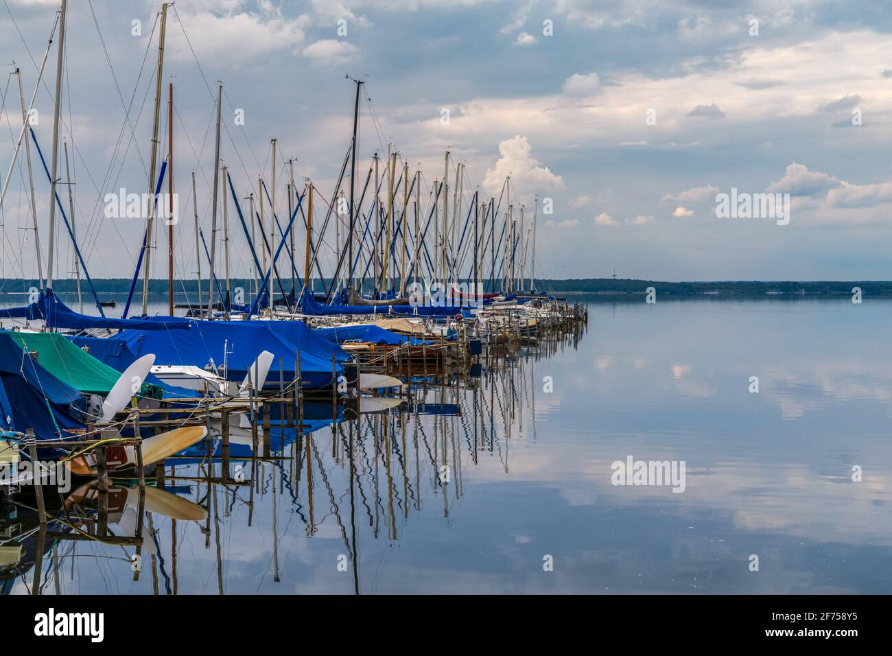 Ammira lo Steinhuder Meer con un molo e il porto turistico di Steinhude, bassa Sassonia, Germania Foto Stock