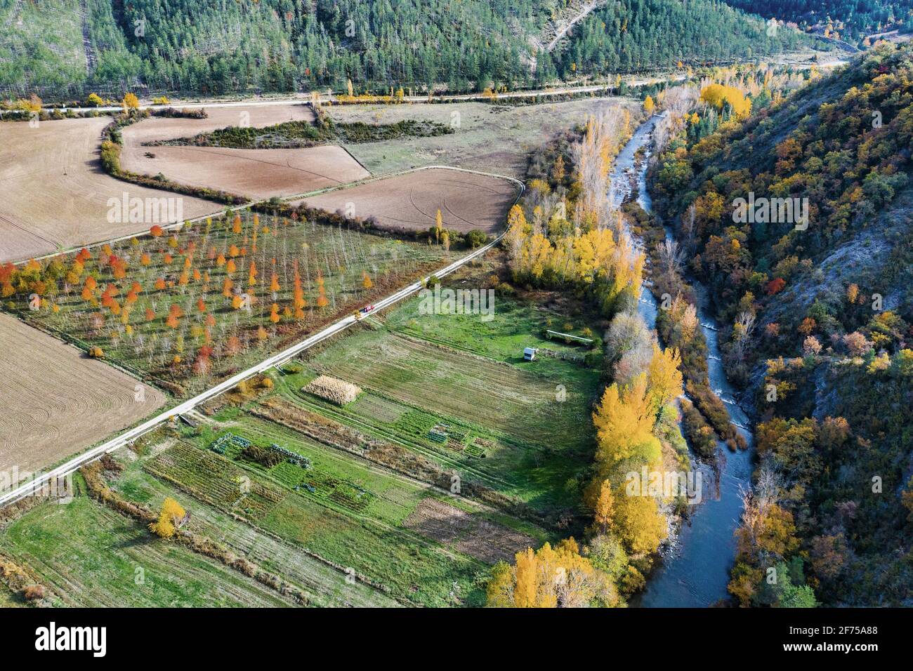 Vista aerea di un fiume e di un terreno agricolo con vegetazione ripariale in autunno. Foto Stock