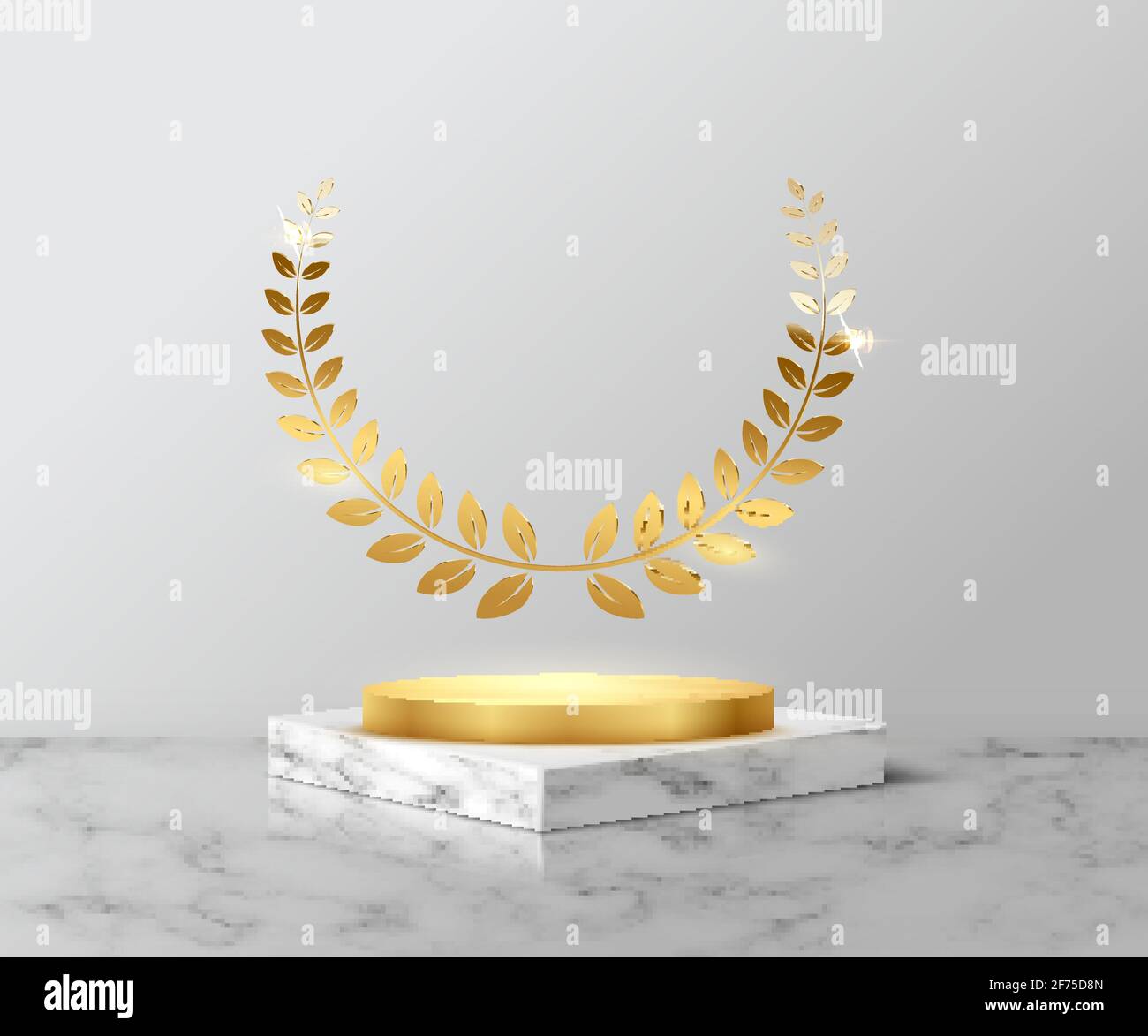 Podio d'oro con alloro sulla piazza in marmo grigio per il prodotto. piedistallo 3d in figura vettoriale con motivo a pietra. Palco geometrico sul pavimento in camera. Astr Illustrazione Vettoriale