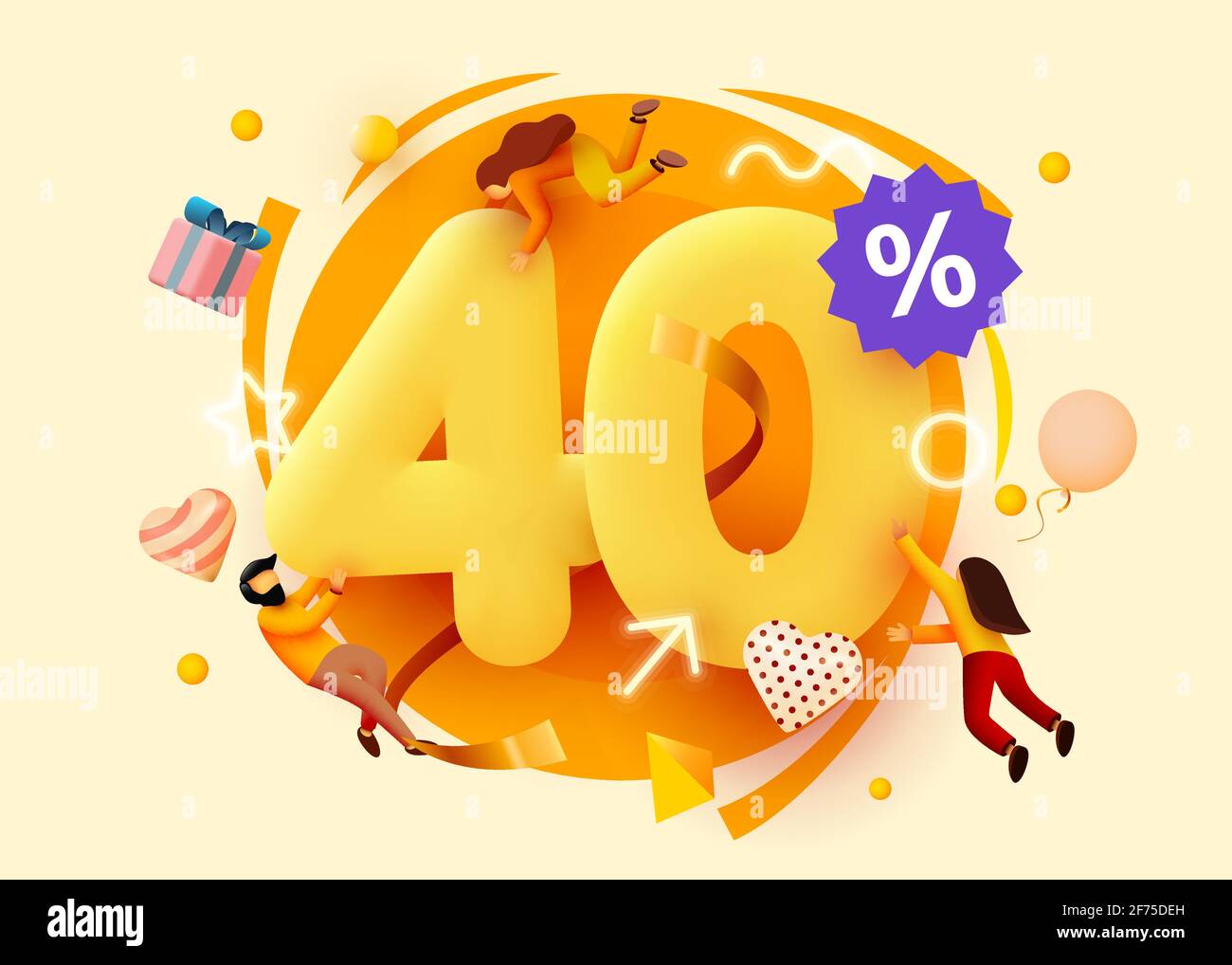 Vendita mega. 40% di sconto. Offerta speciale con persone in volo. Poster o banner della promozione. Illustrazione vettoriale Illustrazione Vettoriale