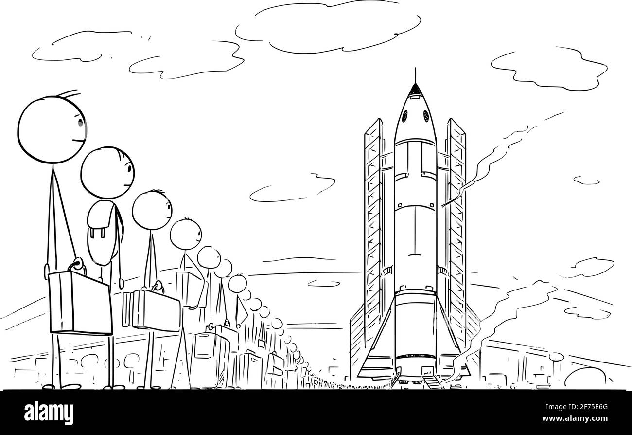 Fila di persone in attesa di Spaceflight, lancio della nave spaziale. Figura del bastone del cartone vettoriale Illustrazione Vettoriale