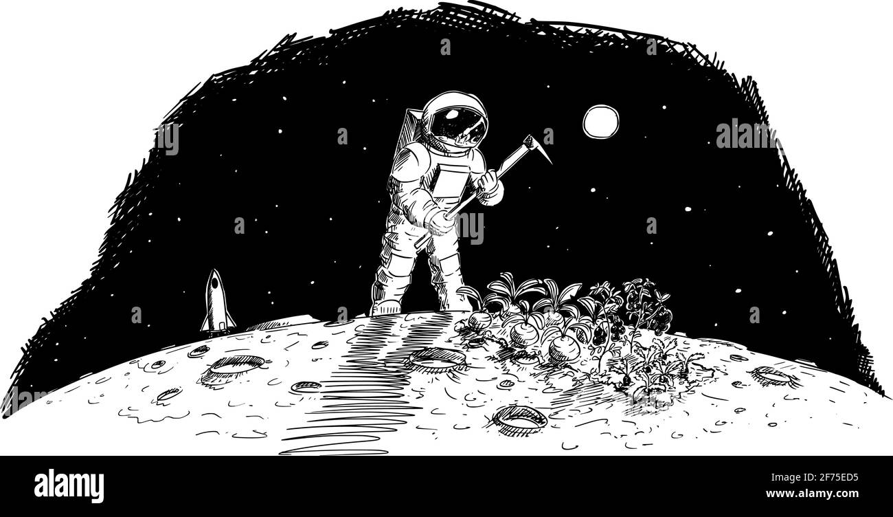 Astronauta Farming on Moon, Marte o Distant Planet, produzione alimentare nello spazio, Vector Cartoon Stick Illustration Figure Illustrazione Vettoriale