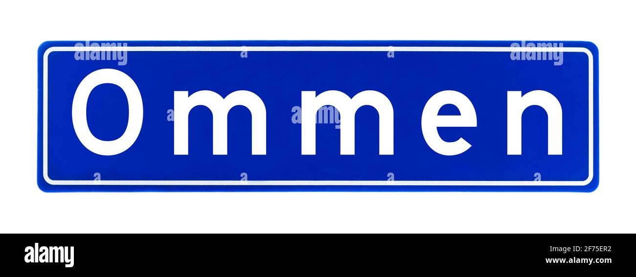Segno del limite della città di Ommen, i Paesi Bassi isolati su uno sfondo bianco Foto Stock