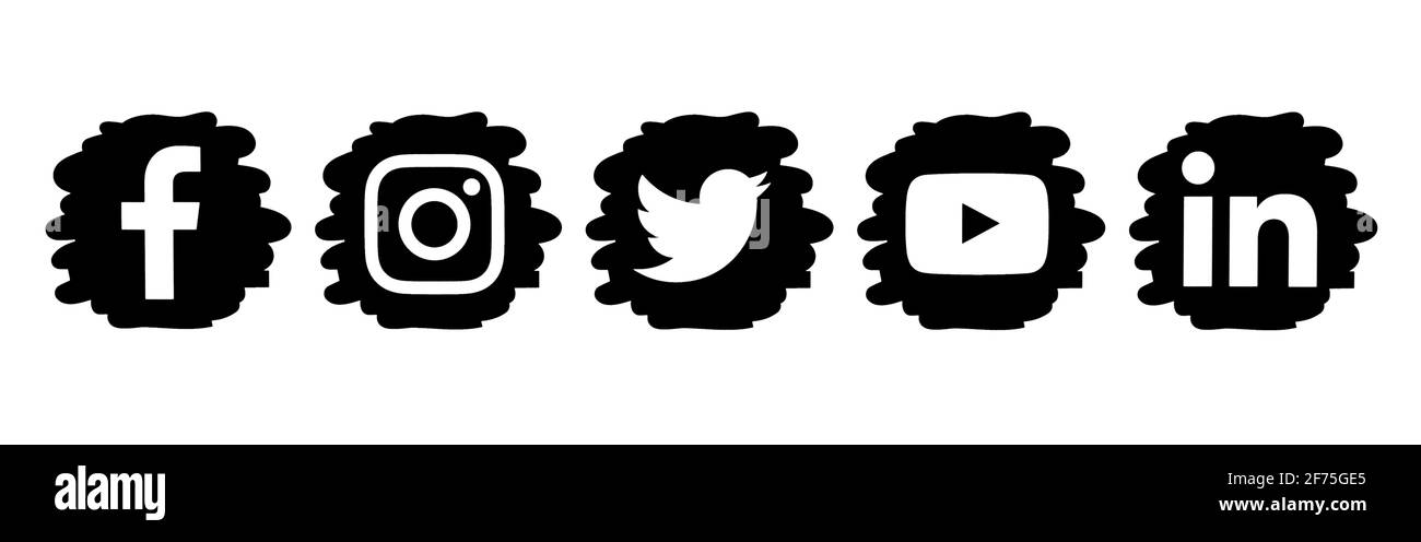 Kiev, Ucraina - 26 febbraio 2021: Popolari social media black drops icone, stampato su carta: Facebook, Twitter, Instagram, LinkedIn e YouTube Foto Stock