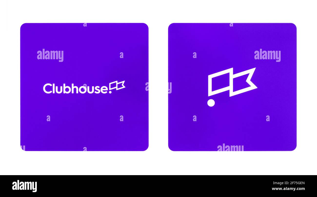 Kiev, Ucraina - 24 marzo 2021: Set di icone Clubhouse, stampato su white paper. Clubhouse è un'applicazione iPhone per chat audio solo su invito Foto Stock