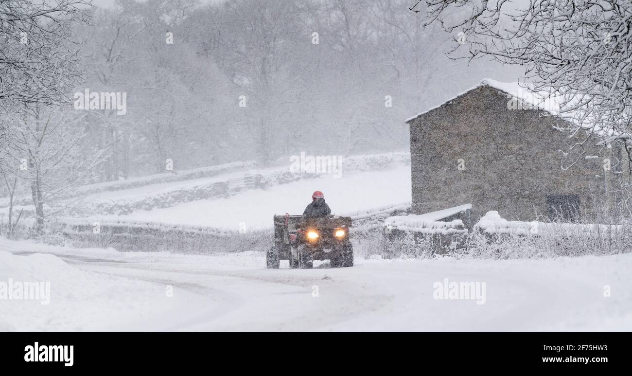 Coltivatore su quad con rimorchio pieno di fieno che guida lungo una strada coperta di neve per dare da mangiare alle pecore. Hawes, North Yorkshire, Regno Unito. Foto Stock