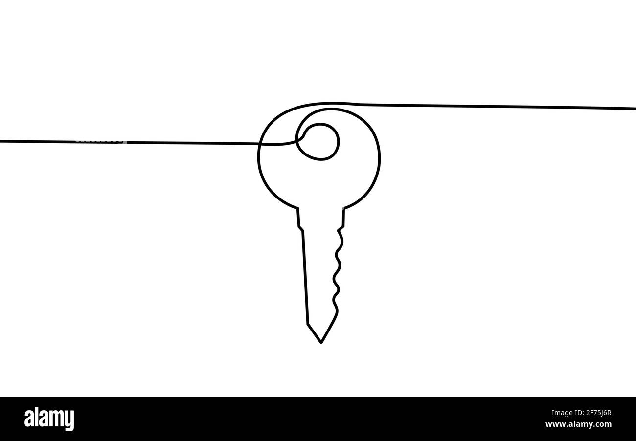 Una linea venditore di chiavi della porta della casa. Complesso residenziale del quartiere degli edifici. Linea continua di schizzo disegnata a mano. Vendere il proprio business di vita dei clienti di famiglia Illustrazione Vettoriale