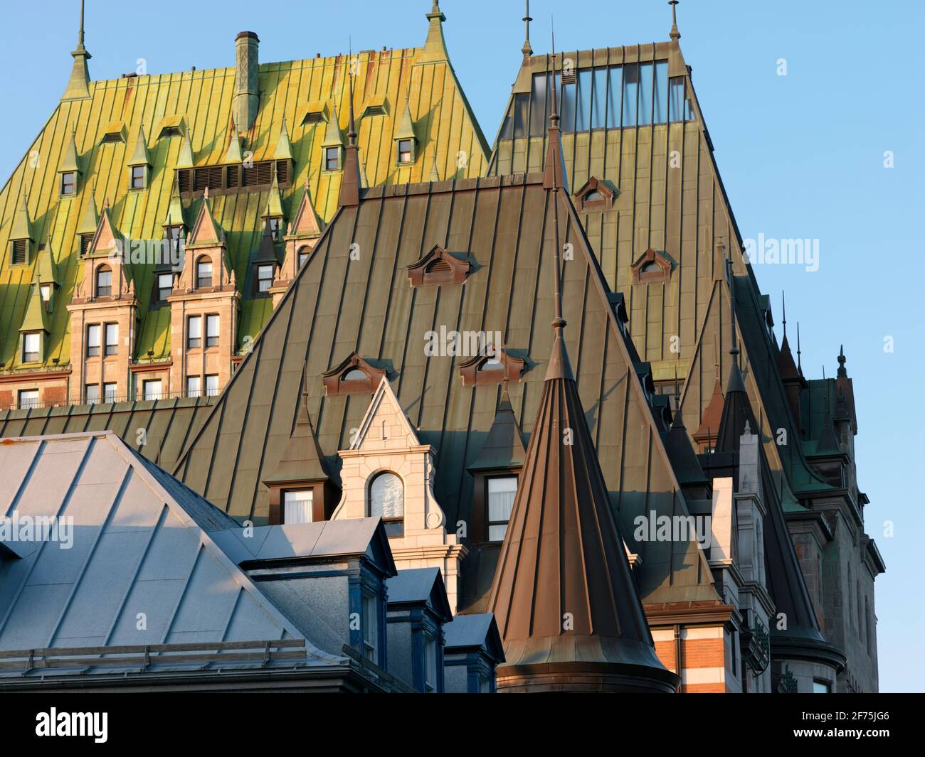 Canada, Quebec, Quebec City, Chateau Frontenac tetto di rame dettagli Foto Stock