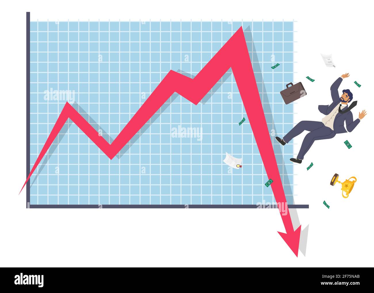 Uomo d'affari in caduta e freccia giù grafico, piatto vettore illustrazione. Fallimento aziendale, crollo, crisi economica. Illustrazione Vettoriale