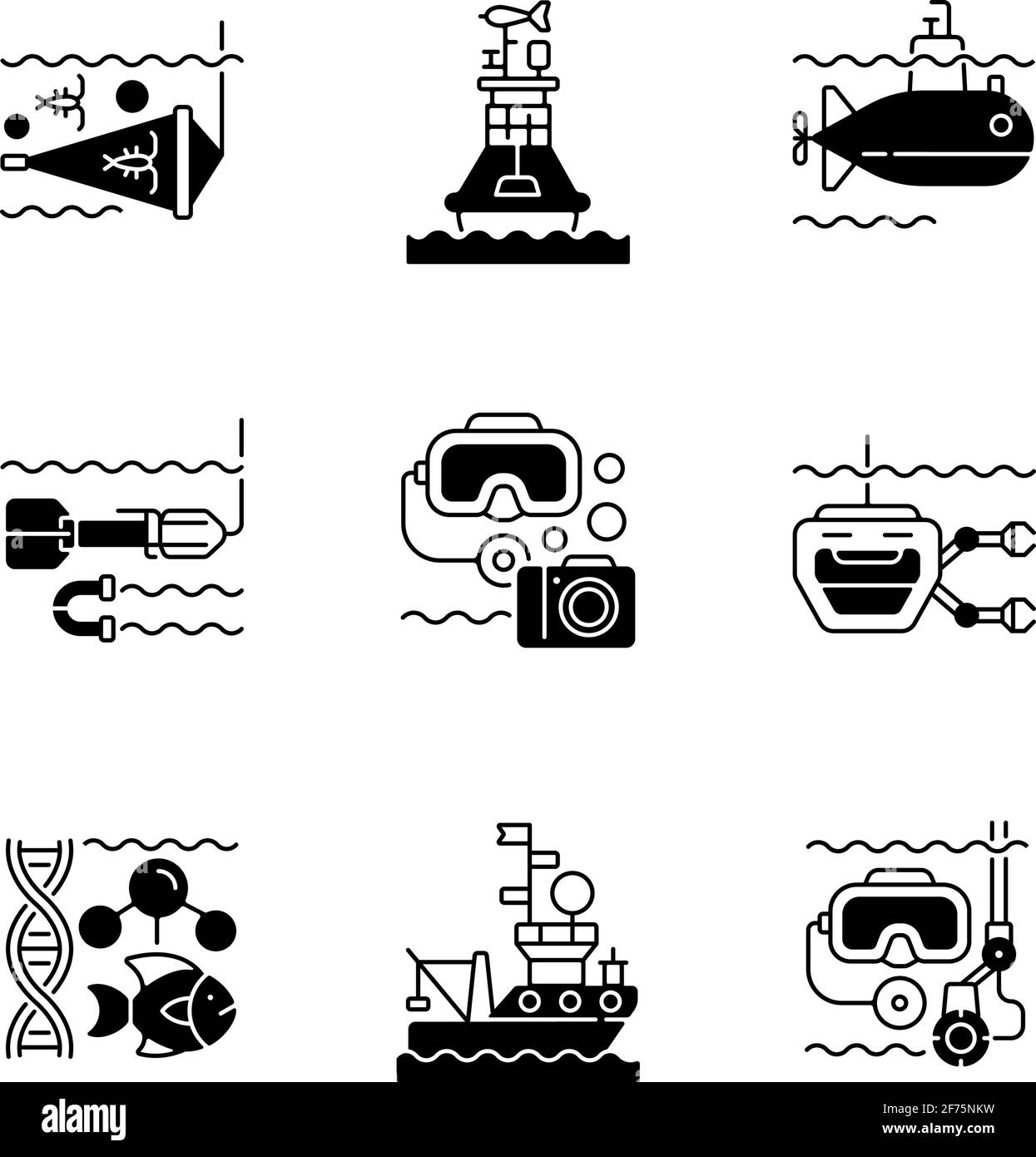 Set di icone lineari nere per esplorazione marina Illustrazione Vettoriale