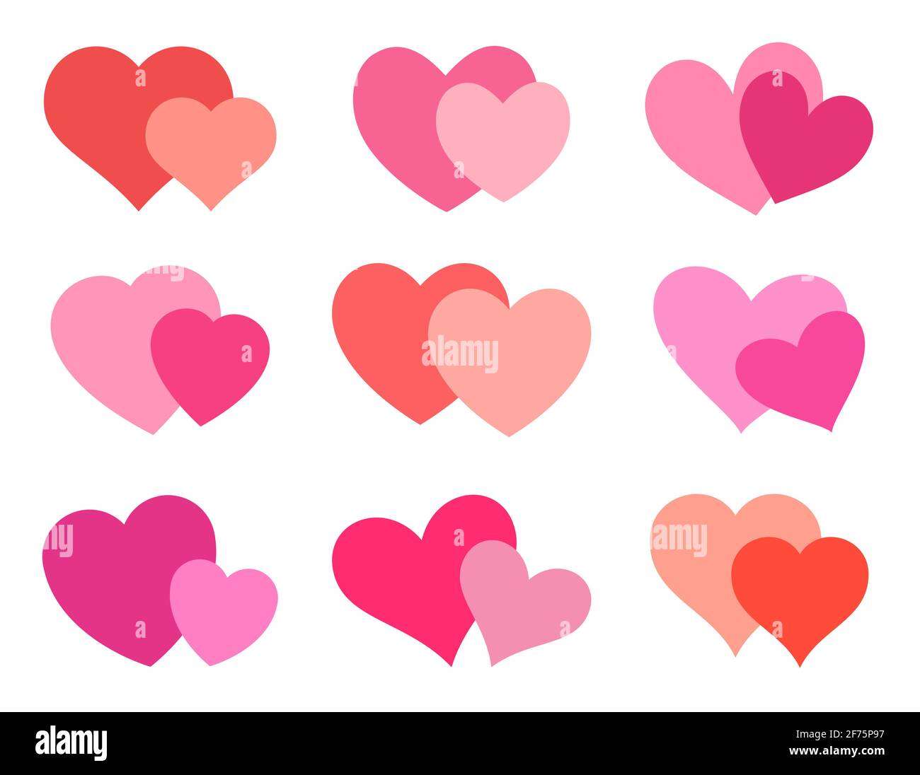 Set di icone Love Double Symbol. Cuori smetrici rossi e rosa. Collezione romantica astratta di forme diverse. Elemento decorativo per scheda invito. Isolato su un'illustrazione vettoriale bianca in uno stile piatto. Illustrazione Vettoriale