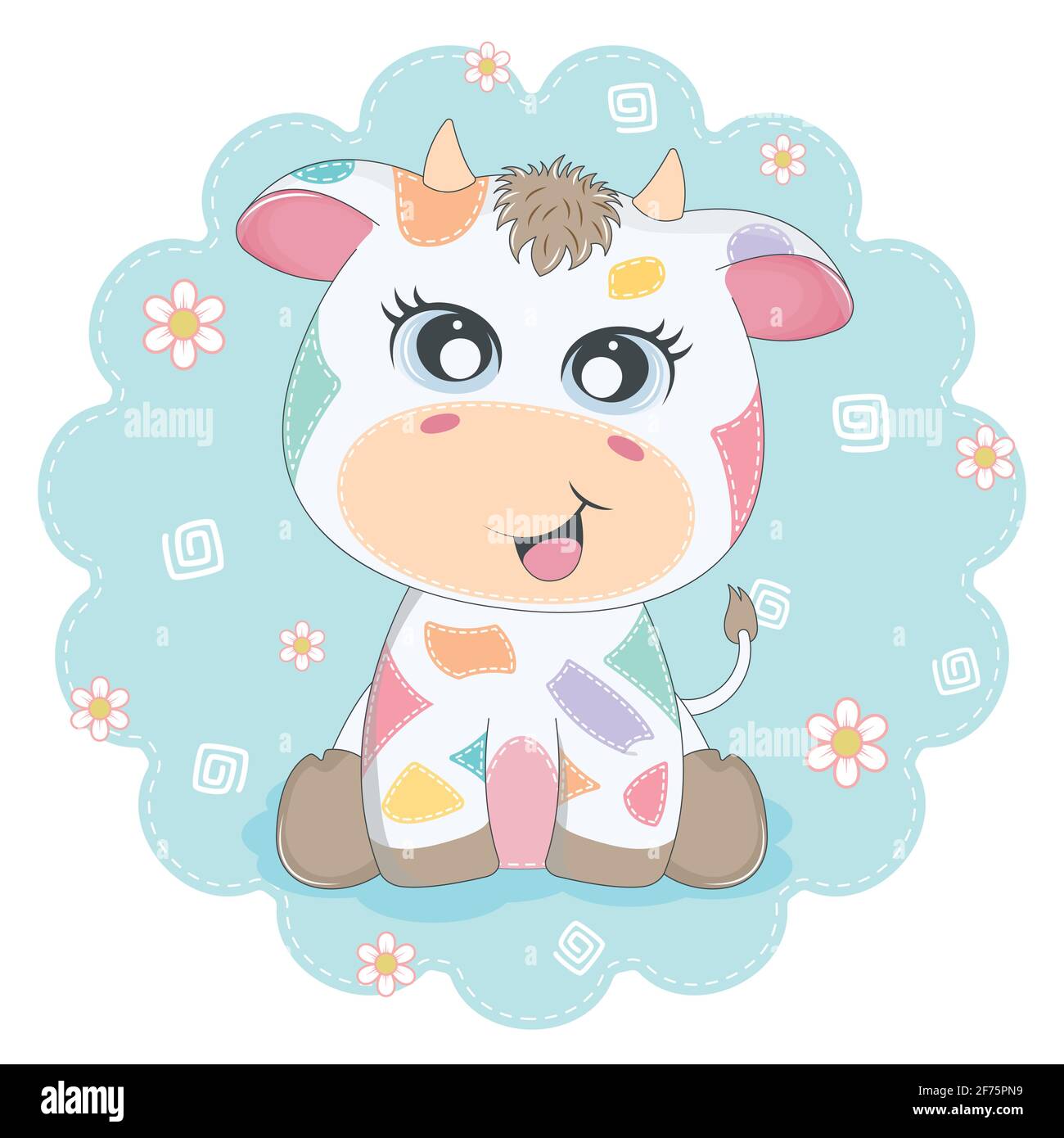 Carino cartone animato colorato mucca sorridente. Biglietto d'auguri. Illustrazione Vettoriale