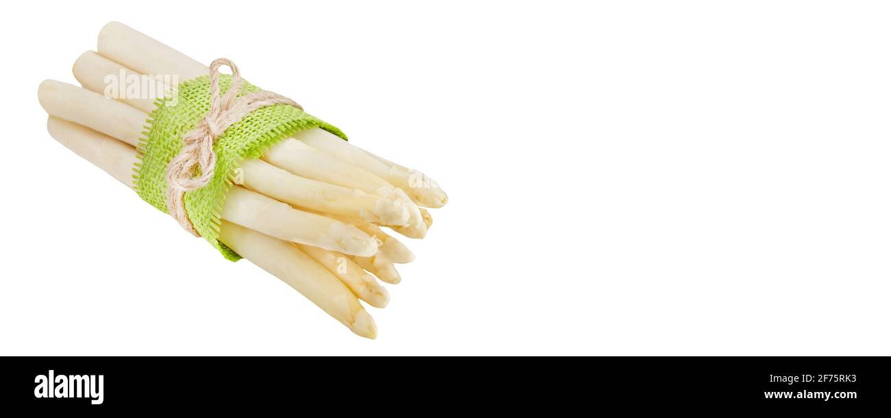 Weißer Spargel Asparagus genunden mit grünem banda e spazio di copia Foto Stock