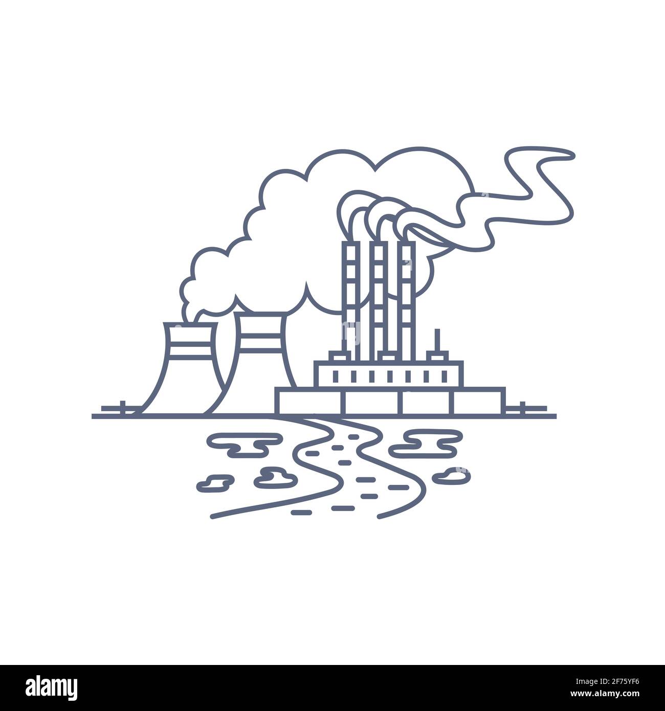 Icona della linea della centrale termica. Centrale termoelettrica con fumo da camini e tracce di inquinamento del suolo e dell'acqua illustrazione lineare vettoriale Illustrazione Vettoriale
