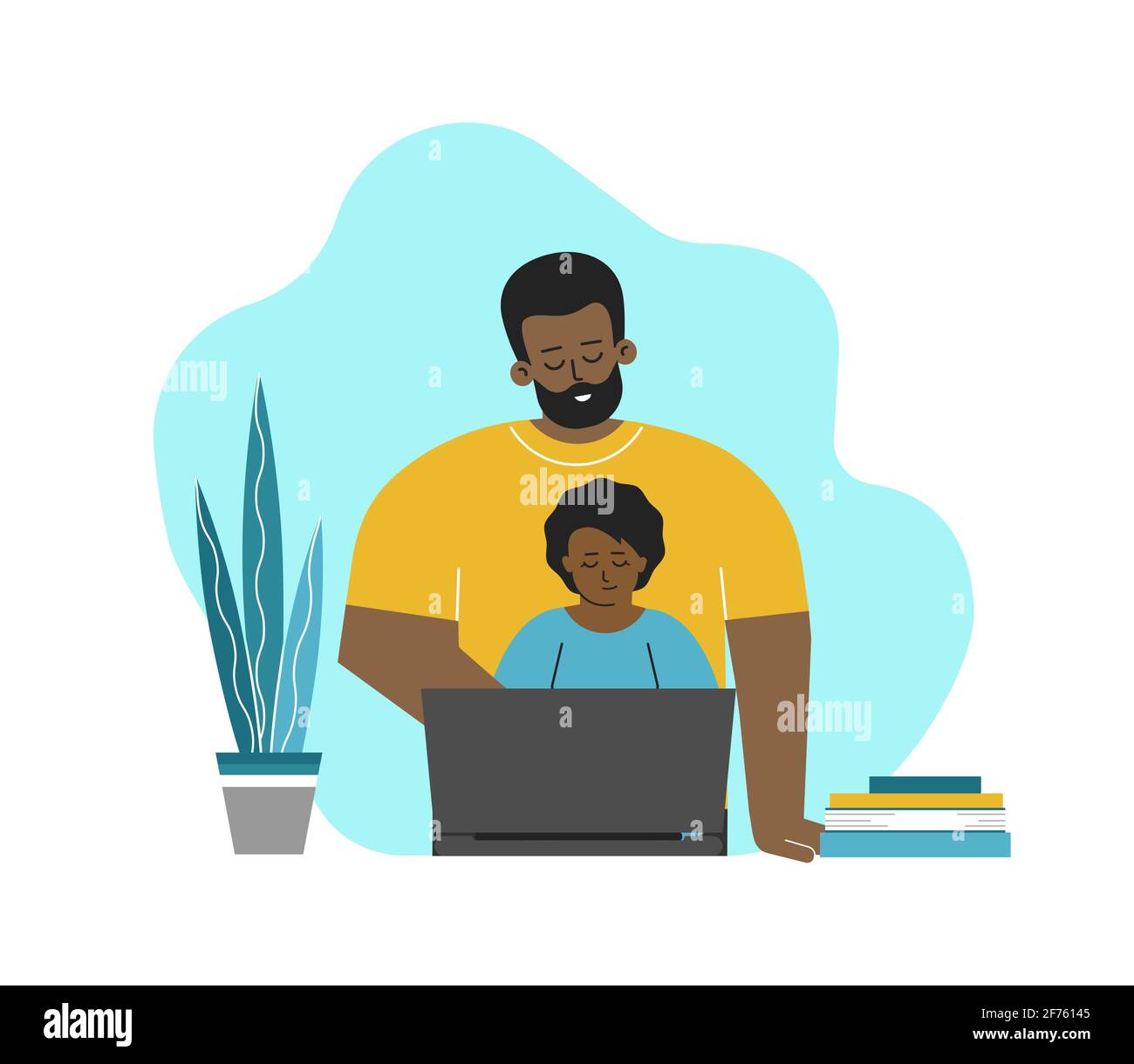 Vettore isolato concetto di educazione nazionale online. Il padre afroamericano e il ragazzino sono seduti con il laptop e i libri. Fare homeworl Illustrazione Vettoriale