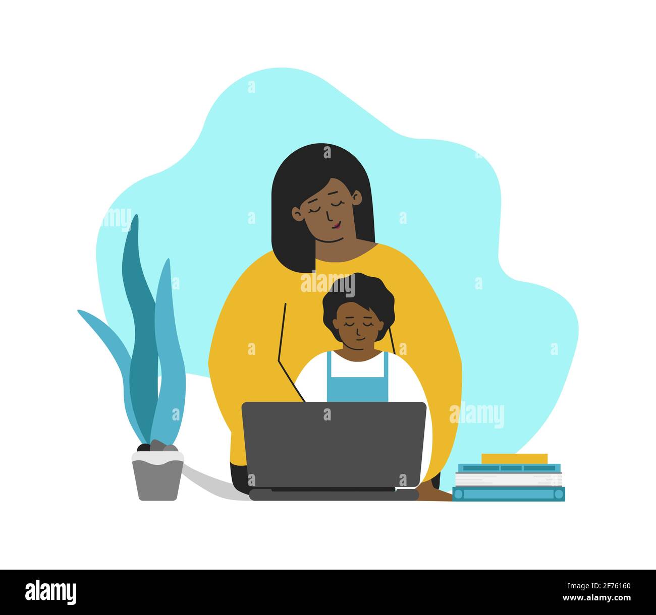 Concetto di isolamento vettoriale in stile piatto. Madre afroamericana e bambino sono seduti con il computer portatile. Formazione online con la classe, facendo compiti Illustrazione Vettoriale