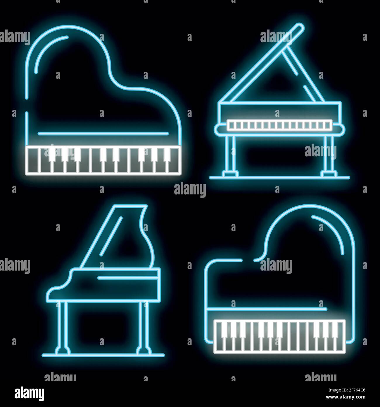 Set di icone Grand piano. Contorno insieme di icone vettoriali pianoforte grande colore neon su nero Illustrazione Vettoriale