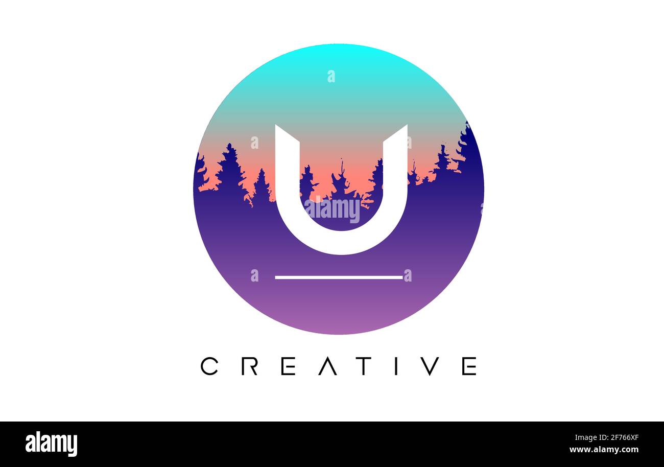 Design creativo con logo U Letter con Pine Forest Vector Shapes E illustrazione colore forma circolare pastello Illustrazione Vettoriale