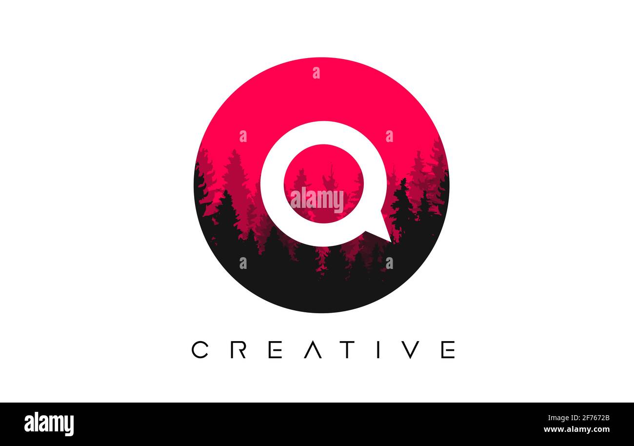 Q Logo Letter con profili vettoriali Pine Forest e. Illustrazione colore forma circolare rossa Illustrazione Vettoriale