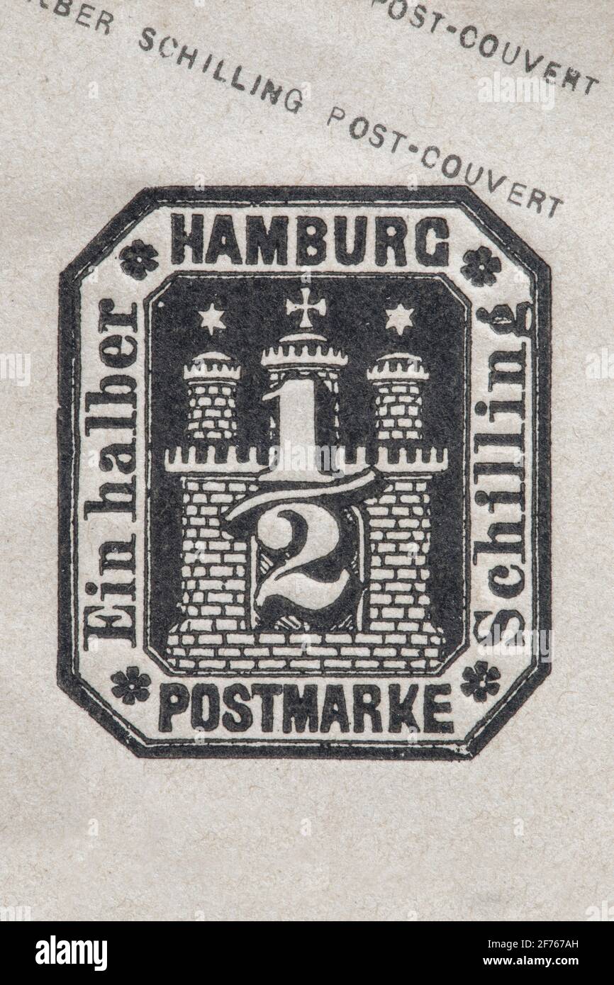 Vintage annullato francobollo da Amburgo circa 1860. Prepagato metà shilling dallo stato tedesco di preunificazione. Foto Stock