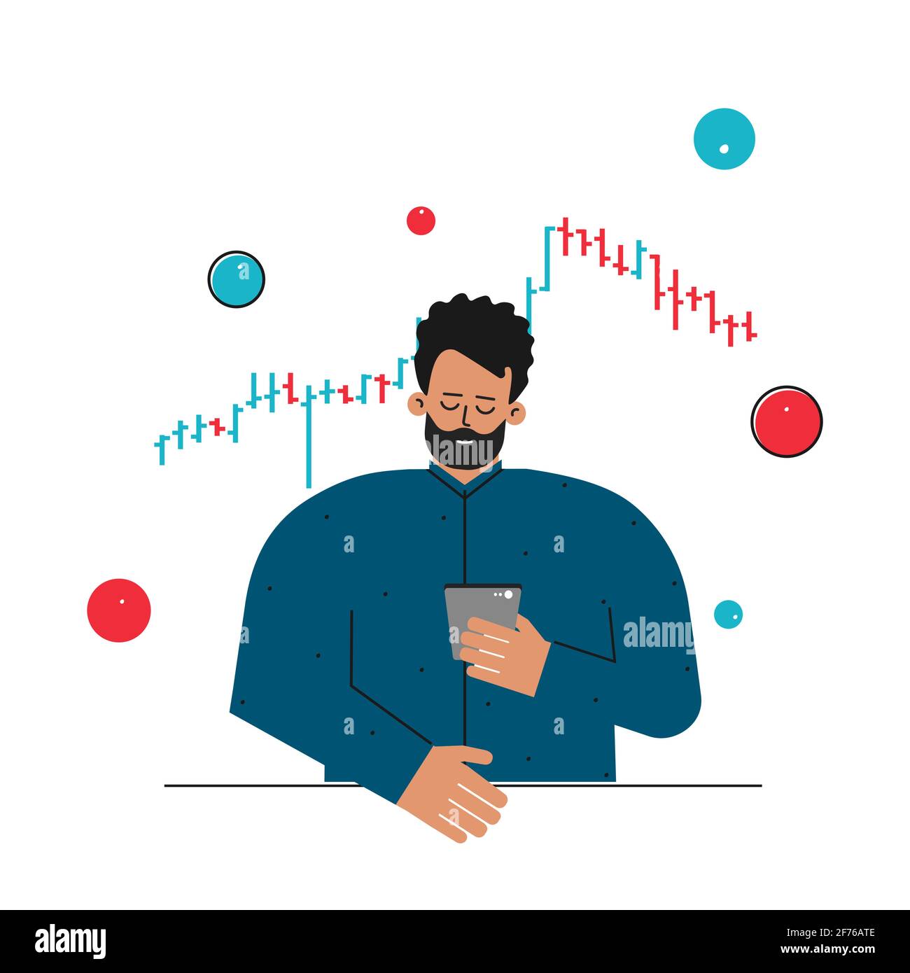 Concetto flat vettoriale sui mercati finanziari. L'uomo caucasico è commerciante che lavora in linea sullo scambio di stock. L'investitore sta analizzando i dati sul grafico a barre Illustrazione Vettoriale