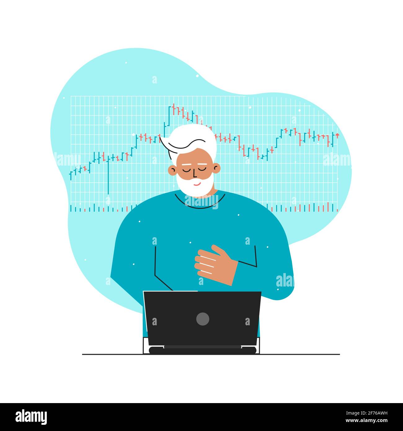 Concetto vettoriale con carattere piatto del commerciante. L'uomo caucasico anziano è investitore e lavora in linea sullo scambio delle scorte usando il laptop, analizza i dati Illustrazione Vettoriale