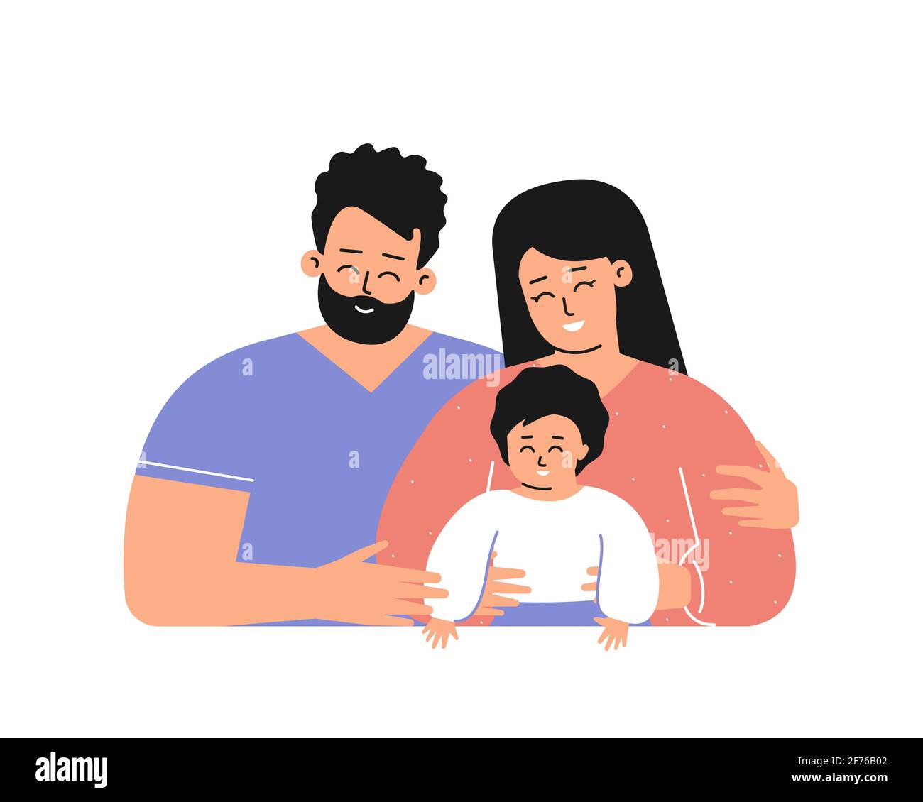 Concetto isolato vettoriale con caratteri cartoni animati piatti. Felice famiglia latina con giovani genitori adulti sorride. Bella madre abbracca il suo bambino carino Illustrazione Vettoriale