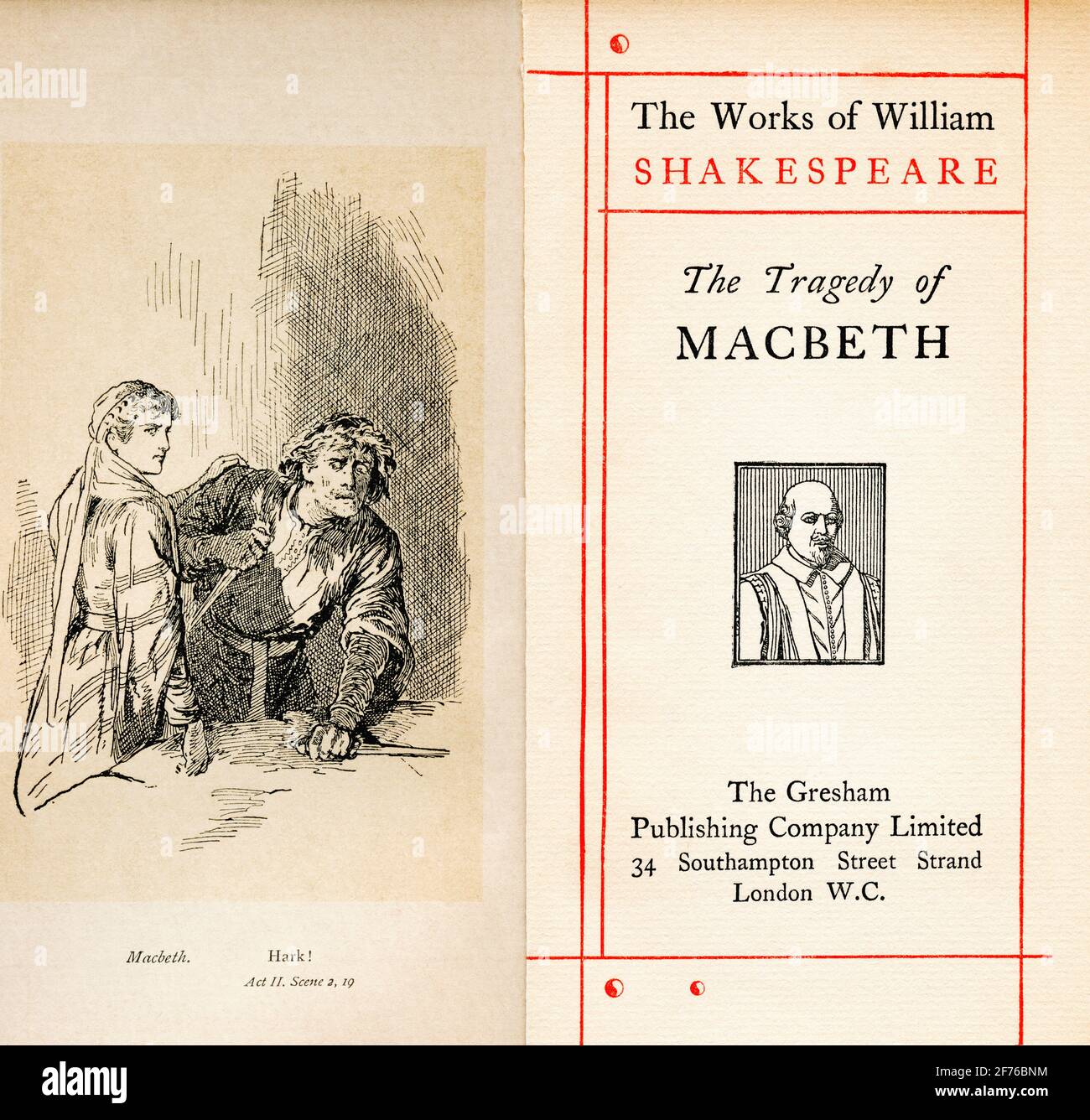 Frontespizio e la pagina del titolo di Shakespeare giocano a Macbeth. Atto II, scena 2. Macbeth, ' Hark! '. Dalle opere di William Shakespeare, pubblicato intorno al 1900 Foto Stock