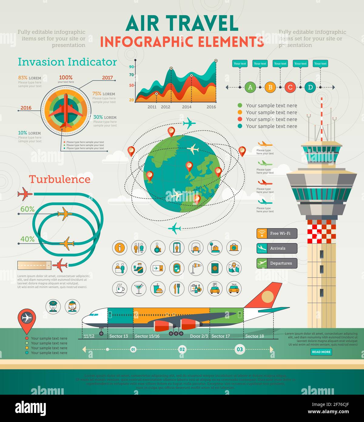 Elementi infografici del viaggio aereo con aeroplano, torre di controllo ed elementi di design. Illustrazione Vettoriale