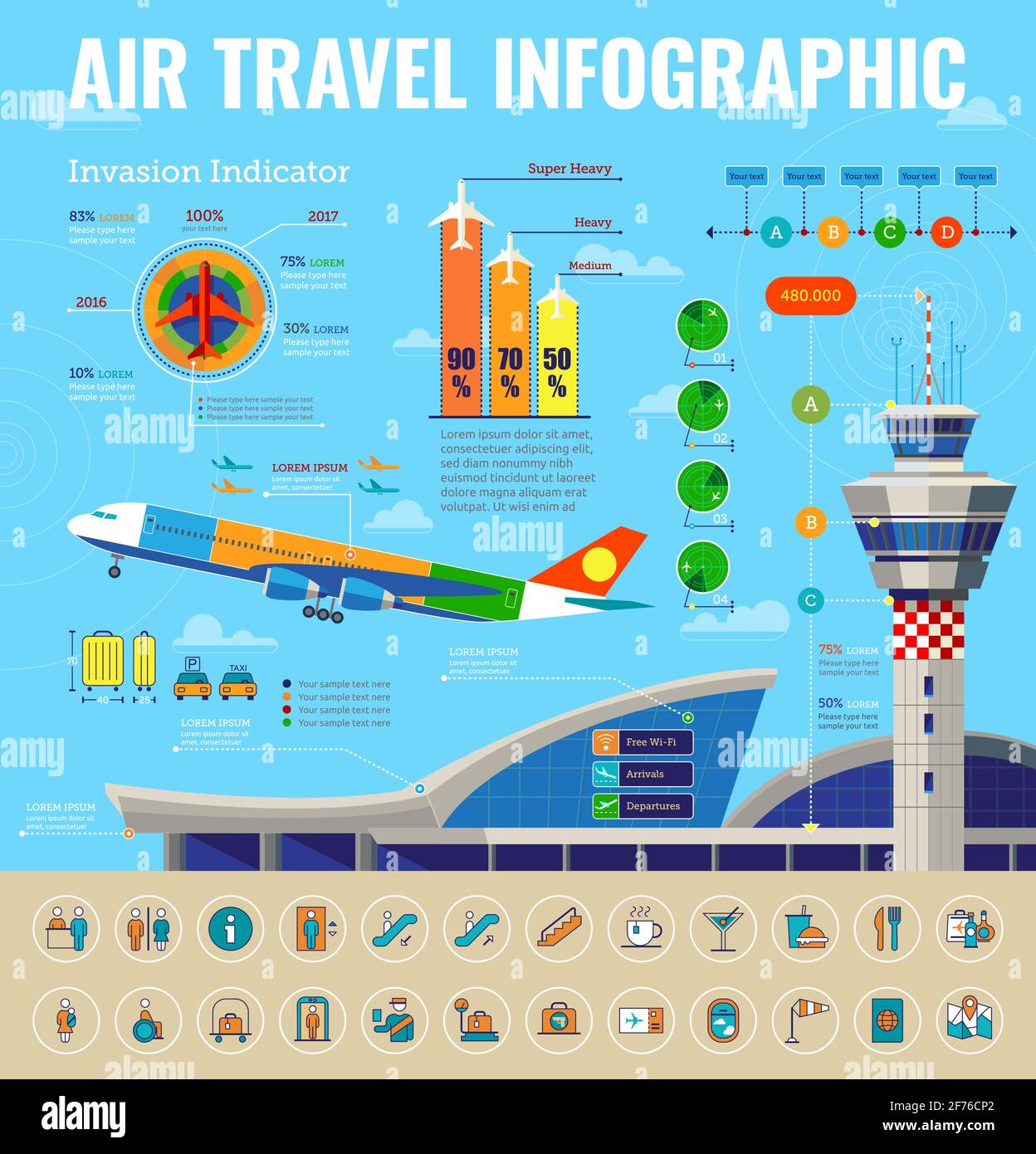 Infografica sui viaggi aerei con elementi di aeroporto, aereo e modelli. Illustrazione Vettoriale