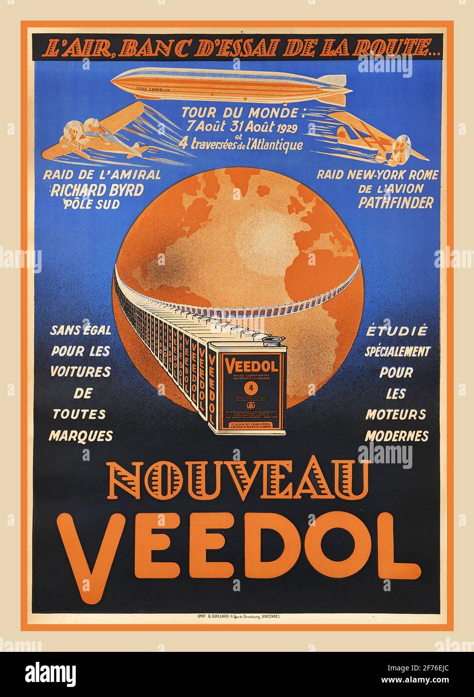 Vintage 1920's Veedol Motor Oil Antique French Annuncio 'NOVEAU VEEDOLl' per tutte le auto e 'moderne moteurs' Aircraft & Graf Zeppelin Air Ship France Foto Stock