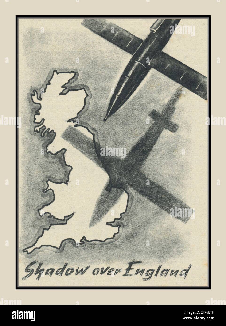 Il volantino nazista della seconda Guerra Mondiale "Shadow over England" è caduto sull'Inghilterra Avviso di arma terrore Buzz Bomb Doodlebug VII razzi indiscriminati Bombardamento terroristico della Germania nazista 1940's seconda guerra mondiale Foto Stock