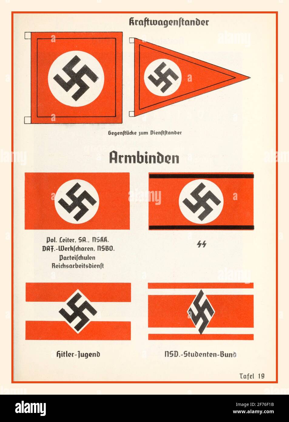 Illustrazione ufficiale della Swastika nazista dal manuale del Partito nazista 1936, che mostra bandiere, emblemi, segni, distintivi, Ranghi, insegne, uniformi, ecc.:bandiere di automobili bande armate di Swastika (brassards) leader politici (Politischer Leiter), SA (Sturmabteilung), National Socialist Motor Corps (NSKK, Nationalsozialistisches Kraftfahrkorps), German Labour Front (DAF.-Wehrscharen, Deutsche Arbeitssen, Nassel, Nassel, Nassel, Nassel, Nassel, Nassel, Nassel, Nassel, Nassel, Nassel, Nassel, Nassel, Nassel, Nassel, Nassel, Nassel, Nassel, Nassel, Nassel, Nassel, Nassel, Nassel, R Germania Foto Stock