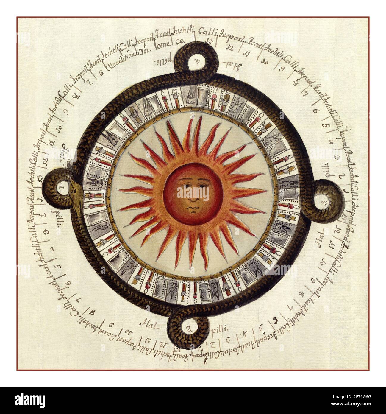 1792 Calendario solare azteco 'Descrizione storica e cronologica delle due pietre trovate durante la nuova pavimentazione della piazza principale del Messico.' in inglese ) di Antonio de Leon y Gama (1792). Il libro descrive i calendari Aztec e in particolare la scoperta della pietra del calendario Aztec in Messico. L'immagine mostra un'illustrazione del calendario solare azteco Foto Stock