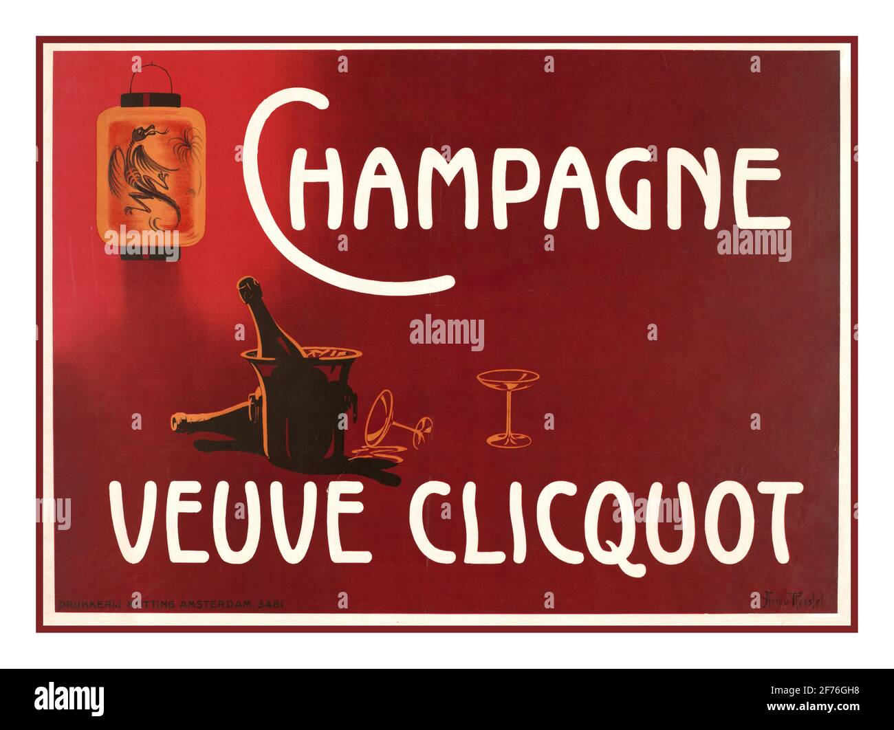 Poster di litografia olandese VEUVE CLICQUOT Vintage del 1900 per Champagne Veuve Clicquot 1900-1913 prodotto da Drukkerij Kotting Amsterdam Holland Foto Stock