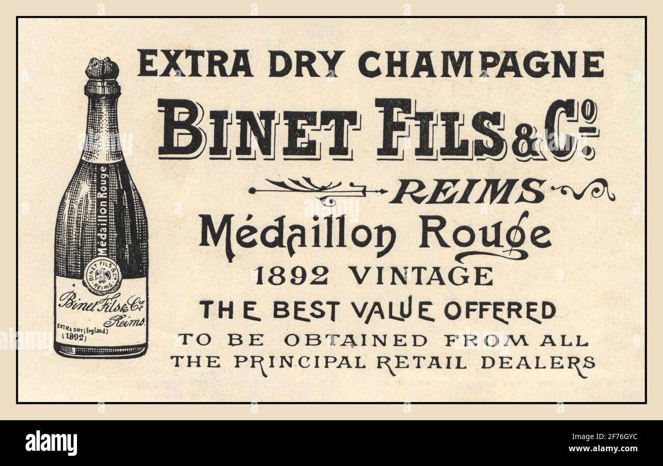 Poster pubblicitario storico di BINET FILS & Co Vintage Champagne del 1800 Pubblicità Reims Médaillon Rouge 1892 Francia Foto Stock