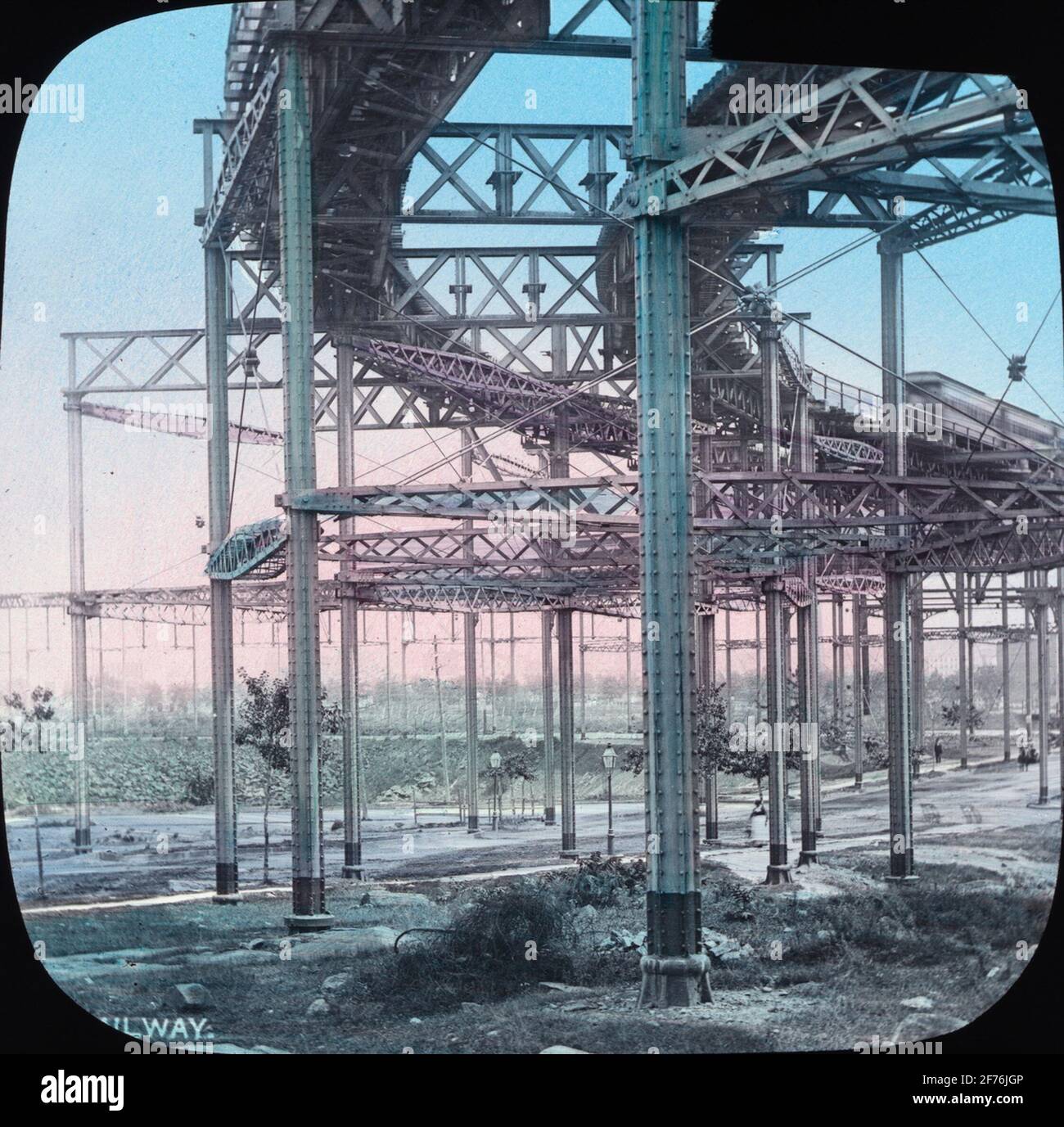 Icona skiolet colorata con motivi di ferrovia aerea. Forse la High Line a New York. Foto Stock