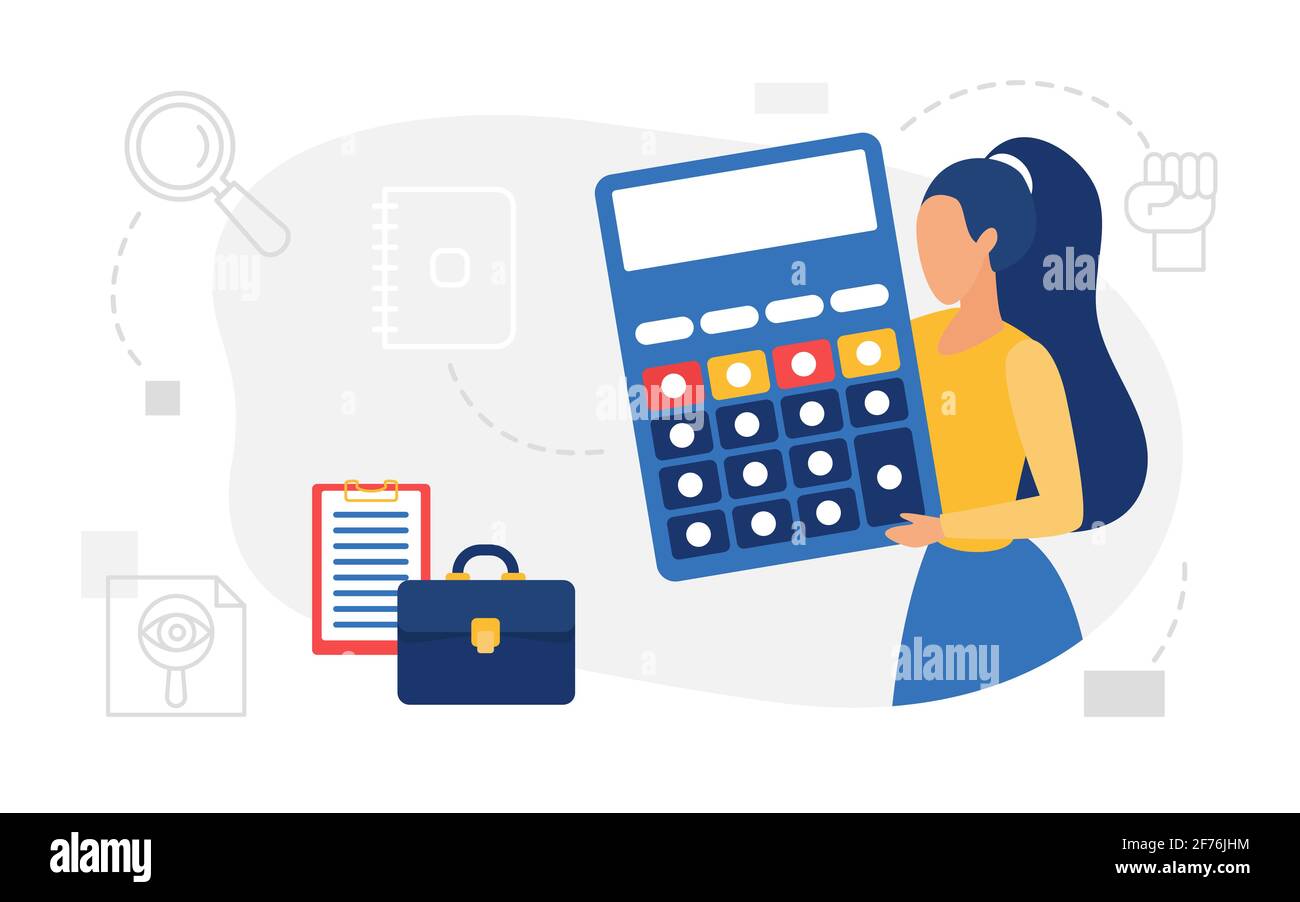 Calcolo della finanza aziendale, concetto contabile, contabile in possesso di una calcolatrice di grandi dimensioni Illustrazione Vettoriale