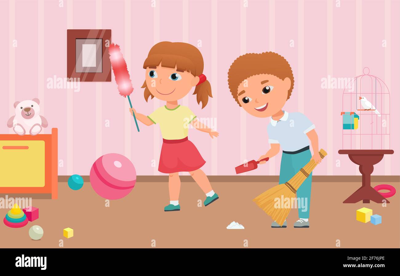 I bambini puliscono i lavori domestici della stanza dei giochi, il bambino del ragazzo tiene la scopa e lo scoop, la pulizia della ragazza Illustrazione Vettoriale