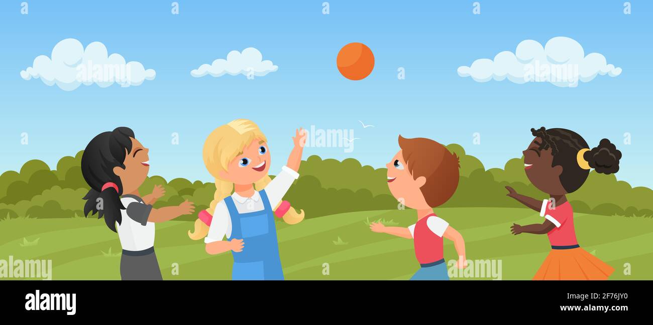 I bambini giocano a palla nel parco o nel parco giochi, ragazzina prescolare ridendo, giocando insieme Illustrazione Vettoriale