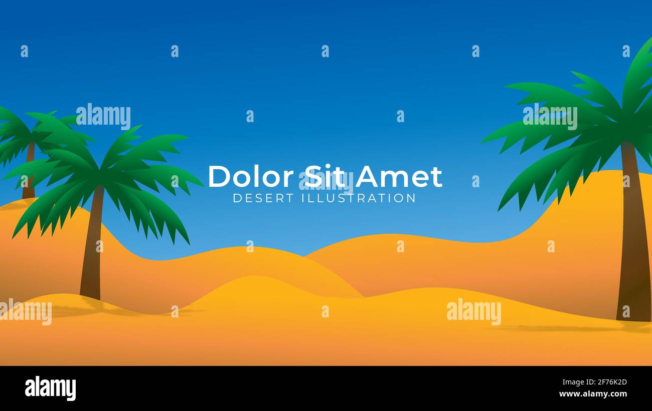 Illustrazione vettoriale del deserto soleggiato con palme e cielo blu pulito. Concetto minimo di progettazione dello sfondo del paesaggio naturale. Illustrazione Vettoriale