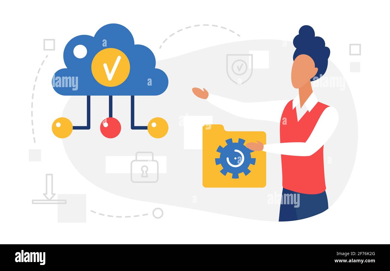 Cloud computing, servizio Web, cartella dati utente in attesa, caricamento di file sullo storage cloud Illustrazione Vettoriale