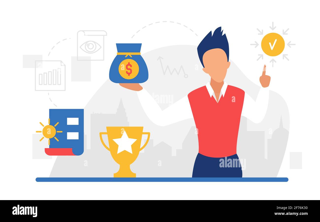 Concetto di investimento di finanza di affari, carattere dell'investitore imprenditore che tiene il sacchetto di soldi Illustrazione Vettoriale