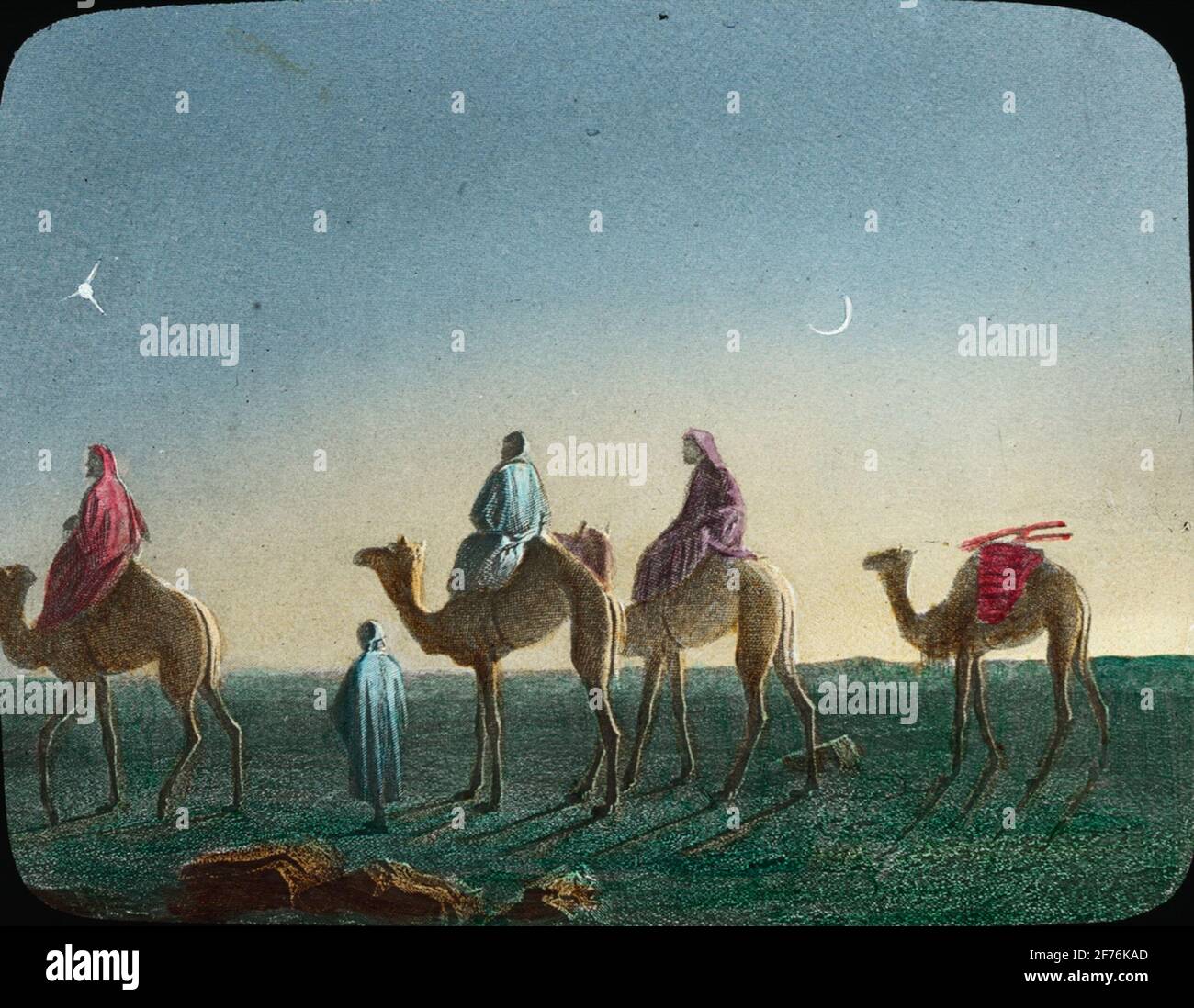 Icona skiolet colorata con tema religioso. I saggi stanno puntando la stella di Betlemme. Foto Stock