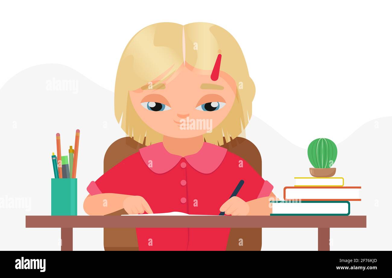 I bambini studiano, l'istruzione a casa o in classe, la studentessa di bambina seduto al tavolo Illustrazione Vettoriale