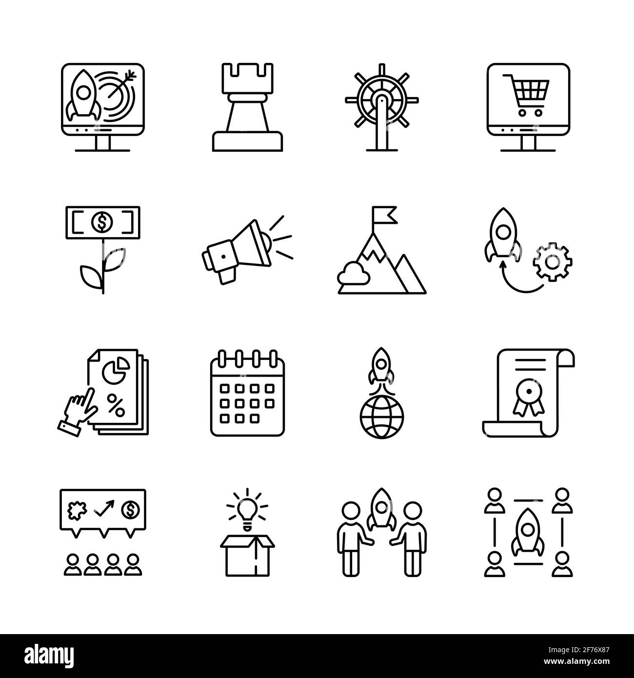 Elementi correlati al progetto di avvio e allo sviluppo. Avviare il set di icone di progetto, rapporto aziendale, obiettivo, strategia e altre linee. Illustrazione Vettoriale