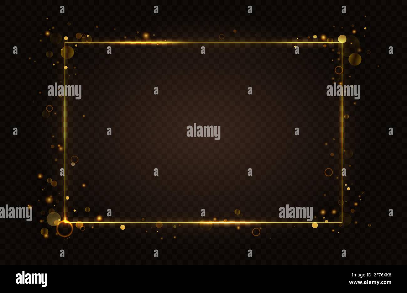 Cornice rettangolare incandescente in oro, linee effetto luce con flash astratto volante, smalti Illustrazione Vettoriale